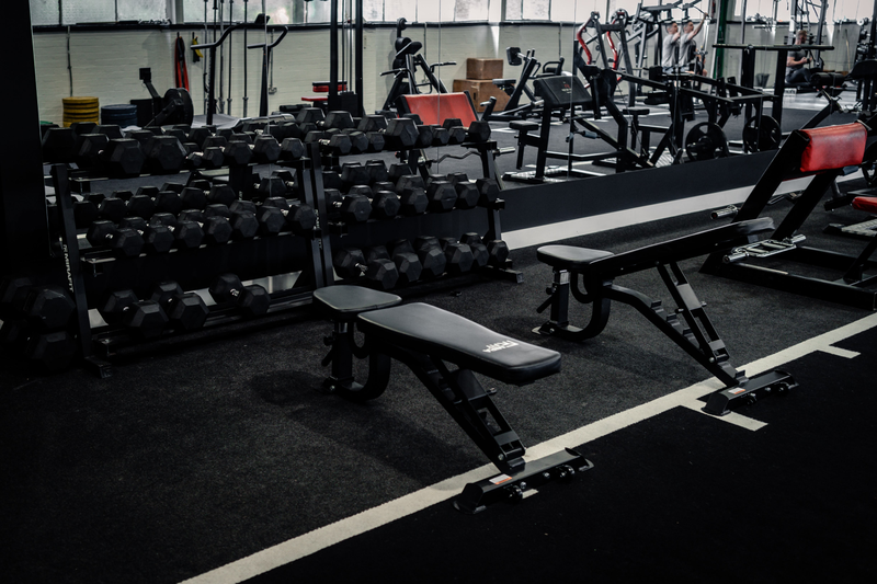 Hex dumbbell racks and adjustable benches at Strength Factory, Bolton