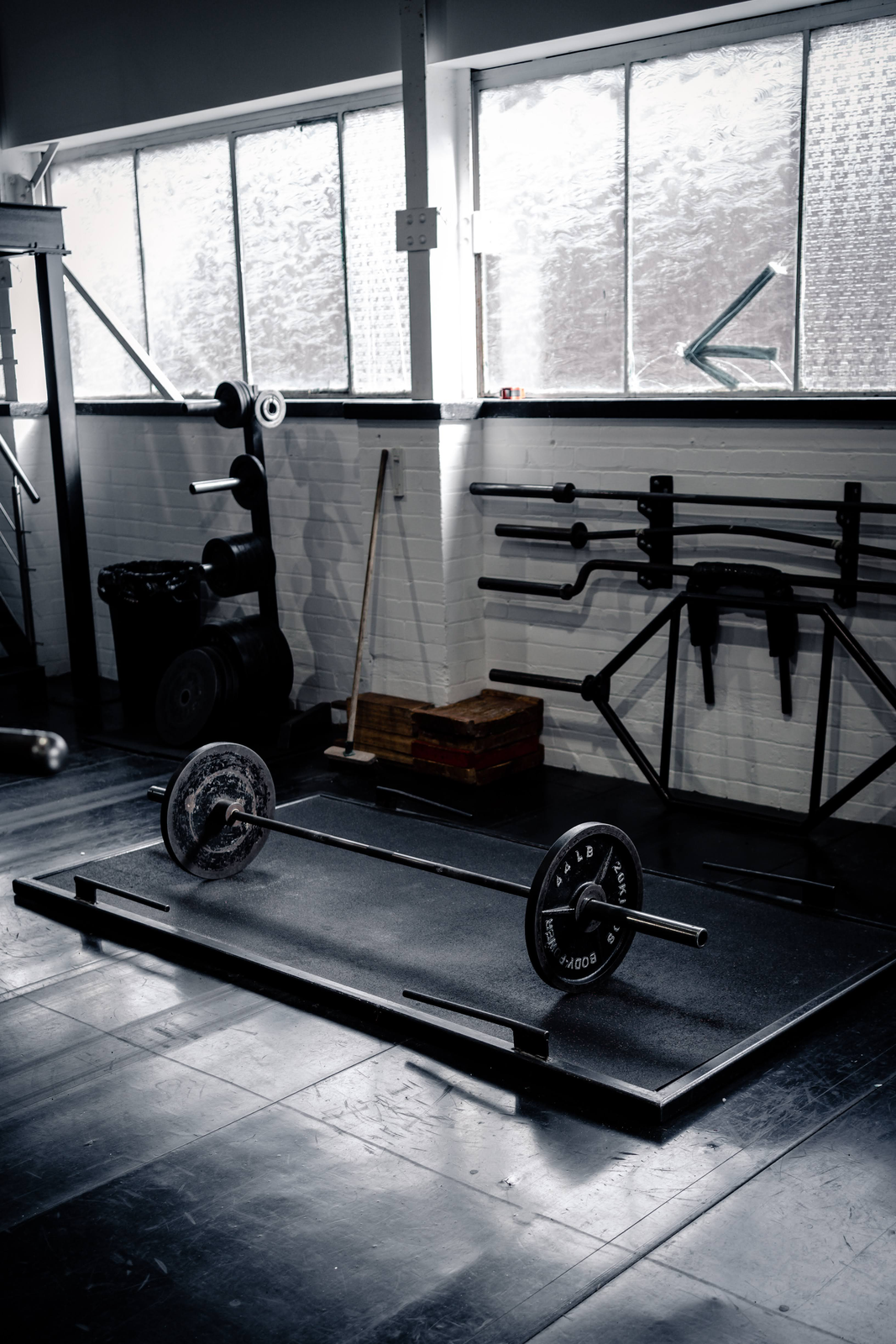 Loaded barbell on the deadlift platform at Strength Factory, Westhoughton